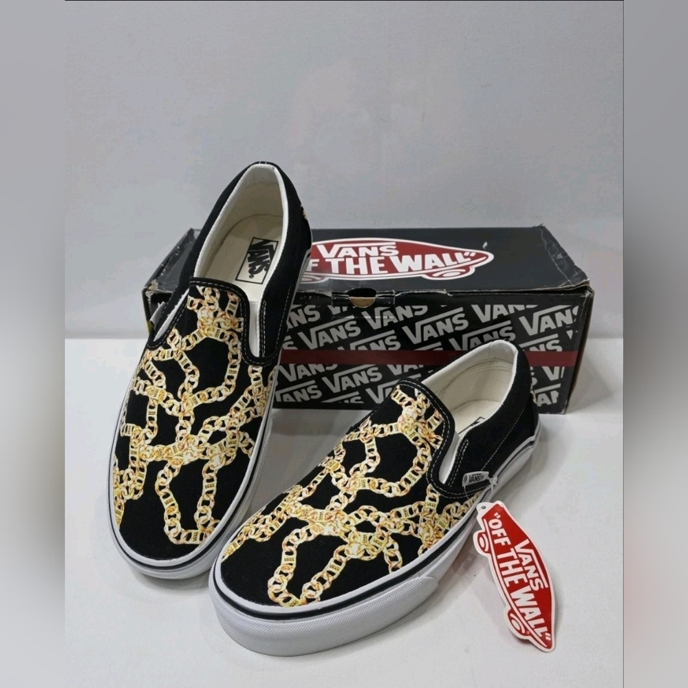 Vans Black Slip-Ons with Gold Chain Design**free shipping**